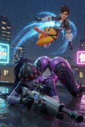 2026 2girls 3d ai_generated aistuffo alive_(overwatch_animated_short) ass big_ass blue_hair blue_skin brown_eyes brown_hair clothed_female clothing effects female futa_on_female futanari gloves headwear on_all_fours outside overwatch overwatch_2 penis revealing_clothes rifle semi_nude short_hair teleportation tight_clothing tracer widowmaker yellow_eyes