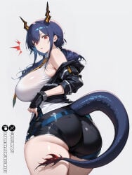 absurdres arknights ass blue_hair blue_tail breasts chen_(arknights) chen_the_dawnstreak_(arknights) commentary_request dragon_horns dragon_tail dress eastern_dragon_horns female hei_tudou highres horns large_breasts long_hair looking_at_viewer red_eyes sideboob simple_background smile solo tail very_long_hair white_background ass_focus ai_generated stable_diffusion illumaru hi_res detailed 2026 patreon_username