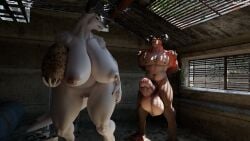 3d albino balls bethesda_game_studios big_balls big_breasts big_penis breasts claws daddyclaw_(vulgarvictor) deathclaw duo egg fallout female genitals hands_behind_back hi_res horn humanoid lamb_man26 looking_back male male/female microsoft mommyclaw_(vulgarvictor) penis scalie smile tail
