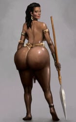 1girls 2017 ass back_view big_ass black_hair bottom_heavy dark-skinned_female dark_skin earrings female female_only huge_ass original original_character razetiger solo spear tribal