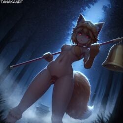 ai_generated tanakaart 1girls female solo female_only solo_female light-skinned_female solo_focus anthro furry tail kitsune fox fox_girl fox_tail fox_ears breasts big_breasts thick thick_thighs wide_hips thick_hips child_bearing_hips thick_legs bottomless topwear topwear_only medium_hair blonde blonde_hair blonde_female outdoors public_nudity forest night night_sky holding holding_weapon ragnarok_online moonlight_flower staff 1girl female_pubic_hair holding_staff halterneck pubic_hair red_eyes animal_hands bell short_hair looking_at_viewer vagina navel medium_breasts pussy clothing feet_out_of_frame tree mammal nipples nature from_below animal_feet underwear criss-cross_halter elbow_gloves standing bra dutch_angle glowing_eyes sweat animal_ears underboob blonde_pubic_hair open_mouth gloves yellow_bra sky ass_visible_through_thighs stomach tummy belly nipples_visible_through_clothing