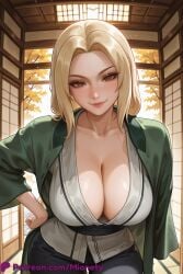 1girl ai_generated artist_name black_pants blonde_hair blush breasts breasts_bigger_than_head brown_eyes cleavage closed_mouth collarbone denim eyelashes facial_mark female female_only forehead forehead_mark green_robe grey_kimono hand_on_own_hip indoors japanese_clothes kataginu kimono large_breasts leaf leaning_forward lips long_hair long_sleeves looking_at_viewer martial_arts_belt mature_female mionety naruto naruto_(series) naruto_shippuuden open_clothes pants parted_bangs patreon_logo patreon_username pink_lips sash shouji sliding_doors smile solo standing tatami tsunade_(naruto) watermark web_address wide_sleeves