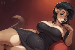 ai_generated arm_on_thigh big_breasts black_dress black_hair breasts cleavage clothed clothed_female clothing dress female female_only furry furry_female hair hand_on_chin hand_to_chin laying_down leaning_back little_black_dress makeup otter pinup pinup_pose seductive seductive_look seductive_pose sexy sexy_body sexy_female sexy_pose simple_background solo solo_anthro solo_female tan_body tan_fur tight_clothes tight_clothing tight_dress