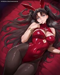 tohsaka_rin 1girl solo long_hair breasts looking_at_viewer blush smile bangs blue_eyes large_breasts black_hair animal_ears cleavage bare_shoulders jewelry medium_breasts pantyhose thighs sweat earrings lying parted_lips on_back rabbit_ears bracelet leotard two_side_up black_pantyhose clothing_cutout covered_navel fake_animal_ears highleg playboy_bunny red_nails finger_to_mouth highleg_leotard shiny_clothes red_leotard rin_tohsaka fate_(series) fate/stay_night fate/zero ai_generated dandanhub