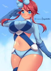 1girl alternate_breast_size_(larger) artist_name big_breasts blue_eyes blue_gloves blue_jacket blue_shorts breasts closed_mouth cloud cowboy_shot cropped_jacket day enly_art eyelashes game_freak gloves hair_between_eyes hair_ornament hand_up jacket large_breasts midriff navel nintendo one_side_up outdoors pokemon pokemon_black_and_white pokemon_bw red_hair salute short_hair_with_long_locks shorts sidelocks sky skyla_(pokemon) smile solo stomach sugarbell swept_bangs tan tan_body tan_skin tanned_female thick_thighs thigh_pouch thigh_strap thighs thin_waist wide_hips