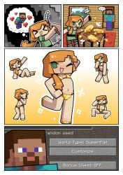 1boy 1girl 1girls alex_(minecraft) bikini bikini_bottom bikini_top blush camel_toe cameltoe comic crafting_table cube_head dark-skinned_male dark_skin emotionless emotionless_male expressionless flat_chest flirting funny gold_bikini green_eyes gummuru hetero joke looking_at_viewer minecraft one_eye_closed orange_hair seductive seductive_look seductive_smile smile spread_legs steve_(minecraft) swimsuit swimwear