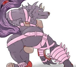 1boy anthro bathym canid canine canis fur grin grinning grinning_at_viewer horn horns lifewonders looking_at_viewer looking_back looking_back_at_viewer macro710 male partially_clothed solo solo_anthro solo_focus solo_male tail thatweirdguy tokyo_afterschool_summoners wolf