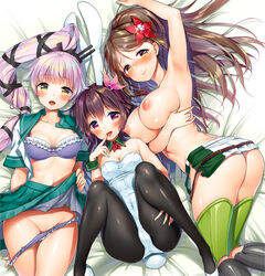 3girls :p amagi_(kantai_collection) animal_ears areolae arm_up armpits ass bangs black_legwear blush breasts brown_eyes brown_hair bunny_ears bunny_girl bunny_tail bunnysuit cleavage clothes_pull collarbone commentary_request crescent crescent_moon_pin detached_collar eyebrows_visible_through_hair female finger_to_mouth flower groin hair_between_eyes hair_flower hair_ornament hair_ribbon hand_on_own_thigh high_ponytail hip_vent japanese_clothes kantai_collection kisaragi_(kantai_collection) knees_up large_breasts leaf leaf_hair_ornament leotard lifted_by_self long_hair looking_at_viewer lying maple_leaf medium_breasts minami_(apricot_tea) mole mole_under_eye multiple_girls nipples on_back on_side open_clothes open_mouth panty_tug pantyhose pink_hair pleated_skirt ponytail pumps remodel_(kantai_collection) ribbon school_uniform serafuku sidelocks skirt skirt_lift small_breasts smile tail thighhighs thighs tongue tongue_out topless twisted_torso very_long_hair white_leotard wide_ponytail wrist_cuffs yura_(kantai_collection)