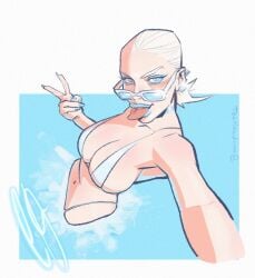 barely_contained barely_contained_breasts belly_button big_breasts bikini bikini_top blue_eyes blue_nails breasts bright_pupils cleavage emma_frost emma_frost_(marvel_rivals) female female_only glasses huge_breasts large_breasts light_blue_skin looking_at_viewer looking_up marvel marvel_comics marvel_rivals navel pale-skinned_female pale_skin peace_sign platinum_blonde_hair selfie sideboob teatimedroan thong_bikini tongue tongue_out white_bikini white_hair white_hair_female x-men
