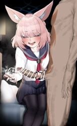 1boy 1girl absurdres animal_ear_fluff animal_ears black_pantyhose black_sailor_collar blue_archive blue_halo clothed_female_nude_male commentary_request cum cum_on_body cum_on_hands dark-skinned_male dark_skin ejaculation erection fox_ears fox_girl fox_squad_(blue_archive) half-closed_eyes halo handjob handkerchief hetero highres holding holding_handkerchief light-skinned_female light_skin neckerchief niho12261 niko_(blue_archive) nude open_mouth pantyhose penis pink_hair red_neckerchief sailor_collar sitting smile solo_focus srt_special_academy_student steam