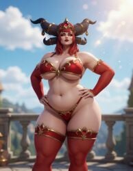 1girls ai_assisted ai_generated alexstrasza balcony bangs belly_button bikini_armor blizzard_entertainment blurry_background circlet cleavage dragon_girl dragon_horns dragon_humanoid eyelashes eyeshadow female from_below glowing_eyes gold_trim grok hair_over_shoulder hands_on_hips horn_accessory horn_jewelry horn_ornament horn_ring horns large_breasts light-skinned_female lipstick long_gloves loose_hair mature_female midriff mommy pelvic_line red_clothing red_hair redhead rgomez007 seductive_look seductive_smile self_upload skindentation solo_female standing thick_thighs thighhighs underboob voluptuous voluptuous_body voluptuous_female warm_lighting wide_hips world_of_warcraft yellow_eyes