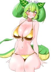 :) bikini blush breasts chikuwandahuru closed_mouth curvy dragon_girl dragon_horns dragon_tail dragonmaid_series_(yu-gi-oh!) duel_monster female female_only fringe gold_bikini golden_bikini green_hair hi_res horns konami large_breasts light_skin looking_at_viewer maid_headdress navel parlor_dragonmaid simple_background sitting smile tail twintails white_background yellow_bikini yellow_eyes younger_female yu-gi-oh!