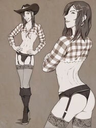 1boy androgynous ass boots bulge cowboy_hat cowgirl_(western) crossdressing femboy freckles garter_belt garter_straps girly greyscale hair_clip high_heel_boots hoop_earrings jahi jerry_(yuni) monochrome original original_character panties panty_bulge penis_in_panties shirt solo standing stockings thighhighs trap yuni