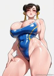 ai_generated sakaro 1girl breasts swimsuit one-piece_swimsuit solo hair_bun brown_hair double_bun chun-li thighs areola_slip shiny brown_eyes simple_background shiny_skin lips thick_thighs covered_navel highleg makeup shiny_clothes looking_at_viewer ribbon hair_ribbon cleavage blue_one-piece_swimsuit bangs huge_breasts bare_shoulders yellow_ribbon white_background parted_lips highleg_swimsuit eyeshadow shiny_hair short_hair street_fighter