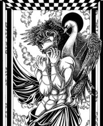 2024 mythology swan make male_only gabriele_zamboni no_ai human_artist black_and_white gagged bound pearl bondage pearls