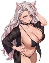 1girl animal_ears anime_style bare_midriff bare_shoulders best_quality bikini black_bikini black_choker black_robe blush breast_spillage cel_shading censored choker cleavage collarbone cowboy_shot criss-cross_halter curvy deep_cleavage detailed_eyes detailed_face digital_art ear_piercing female female_only floral_lace front_view gigantic_breasts gijinka hand_in_hair hand_on_hip heavy_breasts helluva_boss hourglass_figure huge_breasts lace_robe lollololli long_hair looking_at_viewer loona_(helluva_boss) masterpiece mature_female messy_hair micro_bikini multiple_piercings navel o-ring_choker oily_skin open_robe pale_skin partially_undressed piercing posing red_eyes revealing_clothes robe see-through sheer_clothes shiny_skin silver_hair simple_background skimpy_swimwear smile smirk soft_shading solo specular_highlights standing stomach string_bikini sweaty swept_bangs swimwear thick_thighs underboob voluptuous white_background white_hair wide_hips wolf_ears wolf_girl