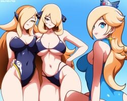2025 3girls artist_signature bangs bikini black_bikini black_eyes black_one-piece_swimsuit black_swimsuit blonde_hair blue_eyes blue_one-piece_swimsuit blue_swimsuit breasts cleavage clothed color colored crossover crown cynthia_(pokemon) earrings female female_focus female_only gwain_saga headwear leotard light-skinned_female light_skin long_hair looking_at_viewer mario_(series) mostly_nude multiple_girls one-piece_swimsuit one_eye_covered pokemon pokemon_dppt princess princess_rosalina side_bangs super_mario_galaxy swimsuit swimwear swixims42 tagme thighs trio trio_female trio_focus twain_(gwain_saga) very_long_hair watermark yellow_eyes