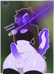 1boy absurd_res arm_behind_back artist_name axolotl black_thighhighs bottomless cleavage_cutout clothing_cutout colored_sclera colored_skin crop_top english_text erection femboy green_background hair_over_one_eye hi_res highres holding holding_weapon hood hood_up lightsaber looking_at_viewer male_focus male_only navel otoko_no_ko penis purple_eyes purple_hair rogue_(artist) rouge_the_axolotl self_upload sharp_teeth skindentation smile solo star_wars star_wars_day tail teeth testicles thick_thighs thighhighs uncensored weapon
