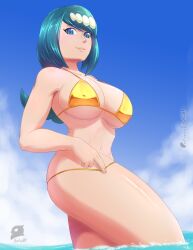 1girls beach big_breasts bikini bikini_bottom bikini_bottom_pull bikini_pull bikini_top blue_eyes blue_hair bottomwear breasts buho01 busty cleavage female female_only golden_bikini golden_week hair lana's_mother_(pokemon) large_breasts legs looking_at_viewer mature mature_female mature_woman milf mother navel ocean pokemon pokemon_sm pulled_by_self sideboob smile solo solo_female swimwear teasing thick_thighs thighs topwear voluptuous water yellow_bikini