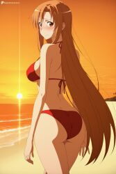 1girl ai_generated ass beach bikini blush breasts brown_eyes brown_hair closed_mouth cowboy_shot digitalwaifugallery from_behind halterneck hi_res high_quality high_resolution long_hair looking_at_viewer looking_back medium_breasts ocean outdoors patreon red_bikini seductive sexy sideboob sky solo standing sun sunset swimsuit sword_art_online uncensored very_long_hair watermark yuuki_asuna