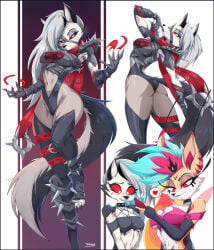 2girls anthro ass bare_shoulders bare_thighs blue_hair butt canine color cosplay felox08 female fox fox_ears fox_girl fox_tail furry furry_female grey_hair hellhound helluva_boss hi_res long_hair loona_(helluva_boss) magenta_hair malice_(marvel)_(cosplay) malice_loona_(mangakitsune2) marvel queen_bee-lzebub_(helluva_boss) red_eyes red_sclera thick_thighs two-tone_hair white_eyes