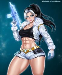 1girls abs alluring aura background_thighs_thighs belly belt big_thighs black_hair black_top black_topwear blush bra breasts brunette clothed eyeshadow female female_focus female_only fit fit_body fit_female front_view fur girl_solo gloves gorgeous jacket legs light-skinned_female light_skin lips lipstick long_hair looking_at_viewer magic magical_girl makeup muscles muscular muscular_female muscular_legs muscular_thighs pale-skinned_female pale_skin ponytail posing posing_for_the_viewer posing_for_viewer seductive senbonzakuraart short_shorts shorts slim_waist solo solo_female solo_focus solo_girl solo_woman sporty standing strong strong_female thick_hips thick_legs thick_thighs thighs topwear two-tone_hair voluptuous voluptuous_female waist weapon white_hair wide_hips