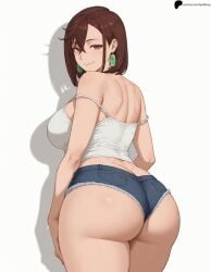 1girl 1girls ai_generated ass ayase_momo back breasts brown_hair butt_crack closed_mouth dandadan denim_shorts earrings female female_only from_behind hair_between_eyes hi_res high_quality high_resolution highres huge_ass light lips looking_at_viewer medium_hair momo_ayase naughty_face nose opal_nemy patreon_logo patreon_url patreon_username plain_background red_eyes self_upload shadow shiny shiny_hair shiny_skin short_shorts shorts simple_background solo standing tank_top thick_thighs thighs watermark white_background white_tank_top