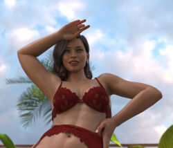 3d 3d_(artwork) pinup lastsevensoul eyes looking_away 2026 no_nude no_nudity bra red_bra lingerie red_lingerie earrings pose posing happy sky cute cute_face sweat armpit armpits solo standing outside outdoors