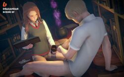 1boy 1girl 1girls 3d animated books boosty bottomless candle carpet cup draxandar fantasy female gryffindor handjob harry_potter hermione_granger holding_wand honey_select_2 kneeling library long_hair male masturbation red_hair school_uniform tagme video