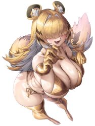 1girls animal_ears bikini character_fusion cleavage crossover elegg_(nikke) fangs female female_only goddess_of_victory:_nikke golden_bikini hair_over_eyes huge_breasts ju_fufu naidong open_mouth sharp_teeth solo solo_female swimsuit tail thick_thighs thighs tiger_ears tiger_girl tiger_tail zenless_zone_zero