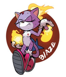 anthro areolae black_nose blaze_the_cat boots breasts burning cat_tail feline female female_only fire fireball heroesofstar kingraam legs looking_at_viewer mammal nipples nude one_eye_closed pose posing purple_fur purple_hair pussy sega simple_background small_breasts solo sonic_(series) tail thighs two_tone_fur white_background white_fur yellow_eyes