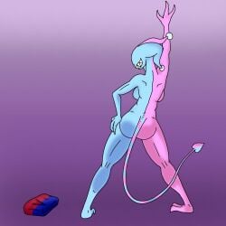 2_toes 3_fingers anthro back_boob back_muscles bitey_(clown_with_teef) blue_body breasts butt clothing clothing_aside clown_with_teef demon eyeless feet female female_only fingers folded_clothing gradient_background hand_on_hip hi_res imp looking_back multicolored_body nude pink_body pointed_tail purple_background raised_arm rear_view shaded sharp_teeth simple_background smile smirk spiral_tail teeth thigh_muscles toes
