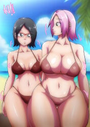 2girls female female_only female_focus curvy voluptuous voluptuous_female curvaceous curvy_figure curvy_female tagme thighs thick_thighs boruto:_naruto_next_generations naruto_(series) naruto naruto_(classic) shounen_jump mother_and_daughter hi_res highres high_resolution absurd_res absurdres absurd_resolution mother mother_(lore) milf mature_female trend reference meme mother_daughter_boob_envy_(meme) pink_hair short_hair bob_cut black_hair black_eyes green_eyes wide_hips breast_size_difference size_difference height_difference taller_female taller_girl shorter_female bikini bikini_top bikini_bottom red_bikini pink_bikini brown_bikini alternate_version_available akuroruka navel midriff stomach belly breasts big_breasts large_breasts busty huge_ass cleavage medium_breasts breast_comparison glasses shiny shiny_skin shiny_breasts glistening glistening_body glistening_skin glistening_breasts smile smiling beach water ocean outside outdoors front_view sand bare_shoulders filter sarada_uchiha sakura_haruno haruno_sakura duo duo_focus