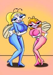 2020s 2026 2_bodysuits 4_arms accurate_art_style angela_strong antennae_(anatomy) anthro big_breasts black_eyes blonde_female blue_eyeshadow blue_lipstick blue_suit bodysuit boots catsuit crossed_arms crossover_cosplay curly_hair dawn's_cronies digital_media_(artwork) disney disney_channel female/female female_focus female_only ginger_female hand_on_own_hip height_difference high_heel_boots high_heels hourglass_figure insect_girl insect_wings looking_at_viewer multi_arm nsfw_version_available pink_eyeshadow pink_lipstick png ponytail seductive seductive_look seductive_pose sfw sfw_version short_female simple_background size_difference taller_female the_buzz_on_maggie thick_thighs totally_spies wide_hips zombiez