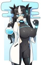 j5daigada hi_res commission 1girls female female_only solo looking_at_viewer smiling smiling_at_viewer black_hair long_hair hair_ribbon twintails white_highlights highlights_(coloring) blue_eyes glasses big_breasts thick_thighs bodysuit black_bodysuit labcoat potion_bottle eyebrows_visible_through_hair