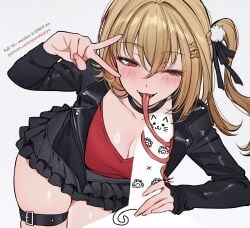 1boy 1girl absurdres black_jacket black_skirt blush breasts censored cissia_(zenless_zone_zero) cleavage commentary english_commentary erection grey_background hair_between_eyes highres jacket large_breasts long_eyelashes long_sleeves long_tongue looking_at_viewer meme negative_space_oral_(meme) one_eye_closed paid_reward_available penis pov qiandaiyiyu red_eyes side_ponytail simple_background skirt smile snake_girl solo_focus thigh_strap tongue tongue_out v zenless_zone_zero