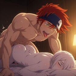 ai_generated comfyui stable_diffusion gay male male/male anal muscular muscular_male sweat oiled shiny_skin ass_focus from_behind ahegao tongue_out drooling cum_drip intense_sex reki_kyan sk8_the_infinity