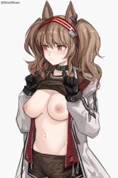 highres dootmoon arknights angelina_(arknights) 1girls solo light_skin female_only female light-skinned_female big_breasts nipples breasts areolae exposed_breasts breasts_out no_bra presenting presenting_breasts flashing flashing_breasts reluctant kemonomimi animal_ears brown_hair twintails medium_hair orange_eyes blush shy embarrassed looking_away hairband pout pouting collar infection_monitor_(arknights) gloves long_sleeves shorts standing white_background navel belly stomach shirt shirt_lift shirt_up