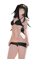 1girls absurdres alternate_costume armpit_crease bare_arms bare_shoulders bikini bikini_bottom_pull black_bikini black_eyes black_hair blunt_bangs breasts cleavage collarbone female female_only fire_emblem fire_emblem_awakening headpiece highres long_hair looking_at_viewer navel pomelomelon purple_eyes small_breasts smile solo standing stomach swimsuit tharja_(fire_emblem) thighs tiara undressing very_long_hair white_background