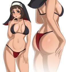 1girls 2026 ass back bangs belly_button big_ass bikini bikini_bottom bikini_top black_bikini_top blush breasts brown_eyes brown_hair clara_(ramieramen) clothing collarbone eyebrows eyeshadow female female_only finger_on_chin hand_on_own_thigh hand_on_thigh headwear light-skinned_female light_skin lips looking_away medium_breasts nose nun nun's_habit nun_hat original original_character plain_background red_bikini_bottom short_hair simple_background solid_color_background solo spicyramen_(ramieramen1) standing stomach thick_thighs thighs white_background