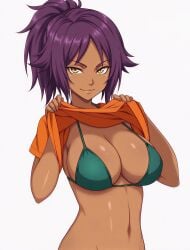 1girl anime_style bangs bare_arms bare_midriff bare_shoulders best_quality bikini bikini_top bleach breast_spillage brown_skin cat_eyes cel_shading censored cleavage clothes_lift collarbone confident_smile dark-skinned_female dark_purple_hair dark_skin deep_cleavage detailed_eyes detailed_face digital_art female female_only female_torso front_view golden_eyes green_bikini halter_bikini halterneck hands_on_clothes heavy_breasts holding_shirt huge_breasts large_breasts lifted_shirt lifting_shirt lollololli looking_at_viewer masterpiece mature_female midriff navel oily_skin orange_shirt partially_undressed ponytail purple_hair revealing_clothes shihouin_yoruichi shiny_skin short_sleeves simple_background smile smirk soft_shading solo spiky_hair stomach string_bikini sweaty t-shirt tied_hair upper_body upshirt voluptuous white_background yellow_eyes yoruichi_shihouin