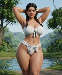 1girls ai_assisted ai_generated armpits arms_behind_head bandeau belly_button bikini bindi black_hair cleavage eyelashes female flower_in_hair front-tie_bikini front-tie_clothing front-tie_top greenery hair_over_shoulder hair_tie hourglass_figure indian indian_female looking_at_viewer medium_breasts midriff narrow_waist nature_background outdoor_background outdoors pond rgomez007 seductive_look self_upload slight_smile smiling_at_viewer solo_female thick_lips thick_outline thick_thighs tied_hair traditional_clothes twin_braids white_clothing wide_hips gemini armpit_crease realistic 3d