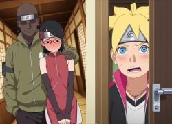 1girls 2boys ai_generated after_sex ashamed bald blonde_hair blush boruto:_naruto_next_generations couple covering_mouth cucked_by_bully cuckold dark-skinned_male dark_skin doorway embarrassed eyewear facial_markings female full-face_blush glasses head_cannon height_difference implied_netorare implied_sex interracial jacket kunoichi light-skinned_female light-skinned_male light_skin looking_at_another looking_at_partner looking_away male naruto naruto_(series) ninja petite sarada_uchiha shirt shy size_difference sobbing stealing_girlfriend teenager uzumaki_boruto vest whisker_markings