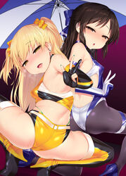 2girls ass back bangs bare_shoulders bikini blonde_hair blue_bow blue_swimsuit blush boots bow breasts brown_eyes brown_hair choker earrings elbow_gloves empty_eyes erect_nipples gloves green_eyes grin hairbow half_updo hand_gesture high_heel_boots high_heels idolmaster idolmaster_cinderella_girls jewelry jougasaki_rika long_hair looking_at_viewer looking_back multiple_girls one-piece_swimsuit one_eye_closed open_mouth partly_fingerless_gloves pussy_juice satou_kuuki simple_background small_breasts smile spread_legs squatting swimsuit tachibana_arisu thigh_boots thighhighs thighs two_side_up umbrella w waist white_background yellow_bikini yellow_bow