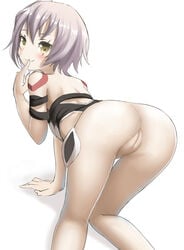 ass assassin_of_black closed_mouth dkoro facial_scar fate/apocrypha fate_(series) female finger_to_mouth jack_the_ripper_(fate/apocrypha) looking_at_viewer looking_back pussy scar scar_across_eye scar_on_cheek shoulder_tattoo silver_hair smile solo tattoo uncensored