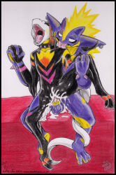 anthro balls black_body black_border bodily_fluids body_pattern body_spikes border breasts claws collar colored_pencil_(artwork) cum dragon duo ear_piercing ear_ring excessive_cum excessive_genital_fluids eyebrow_piercing eyes_closed facial_piercing featureless_breasts female flat_chested gaping_mouth generation_8_pokemon genital_fluids genitals glistening glistening_body hand_holding hi_res licking looking_pleasured male multicolored_body mythological_creature mythological_scalie mythology nintendo open_mouth orgasm_face penetration penile penile_penetration penis penis_in_vagina piercing pink_tongue pokemon pokemon_(species) purple_body reptile ring_piercing scalie sharp_teeth silvolf snout spiked_collar spikes tail tail_around_leg tail_around_partner teeth throat toe_claws tongue tongue_out tongue_piercing toxtricity traditional_media_(artwork) vaginal vaginal_penetration volte_(character) yellow_penis