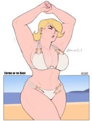 2018 beach big_breasts bikini blonde_hair breasts chetska_peterson_(jamesab) closed_eyes earrings female fruit_basket_(jamesab) huge_breasts jamesab muscular muscular_female original_character solo stretching thick_thighs toned