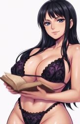 1girl anime_style bangs bare_arms bare_midriff bare_shoulders best_quality big_breasts bikini black_bikini black_hair blue_eyes blunt_bangs breast_spillage cel_shading censored cleavage collarbone cowboy_shot curvy deep_cleavage detailed_eyes detailed_face digital_art enormous_breasts female female_only floral_lace front_view gigantic_breasts hands_on_book heavy_breasts holding_book hourglass_figure huge_breasts lace lace_bikini light_smile lollololli long_hair looking_at_viewer masterpiece mature_female navel nico_robin oily_skin one_piece open_book pale_skin partially_undressed posing purple_bikini reading revealing_clothes shiny_skin sideboob simple_background skimpy_swimwear smile smirk soft_shading solo specular_highlights standing stomach straight_hair string_bikini sweaty swimwear thick_thighs underboob voluptuous waifu white_background wide_hips