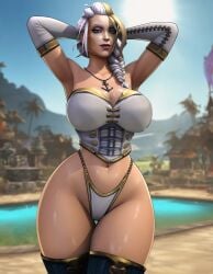 1girls ai_assisted ai_edited ai_generated anchor_necklace armpits arms_behind_head belly_button blizzard_entertainment blonde_hair blue_eyes blurry_background cleavage corset_bra curvy_hips edited_ai eyelashes fantasy_world female glossy_skin gold_trim grok half-closed_eyes jaina_proudmoore large_breasts light-skinned_female lipstick long_gloves looking_at_viewer mature_female midriff narrow_waist necklace panties poolside rgomez007 seductive_look self_upload sidetail slight_smile solo_female standing stern_expression stitch_(sewing) stitched_clothing thick_lips thick_thighs thighhigh_boots voluptuous waist_chain white_hair wide_hips world_of_warcraft yellow_hair_streak