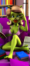 1girls 3d alien alien_girl alternate_version_available artist_name bare_shoulders barefoot beauty_mark bed big_breasts bikini bikini_bottom bikini_top book busty curvy day detailed_background eyelashes female female_only front_view glasses green_eyes green_skin holding_object hourglass_figure humanoid indoors inside kondaspeter lipstick looking_at_viewer makeup marilyn_(planet_51) midriff mole pillow planet_51 pose posing red_lipstick room shadow shiny shiny_skin sitting solo swimsuit text thick_lips voluptuous white_hair wide_hips